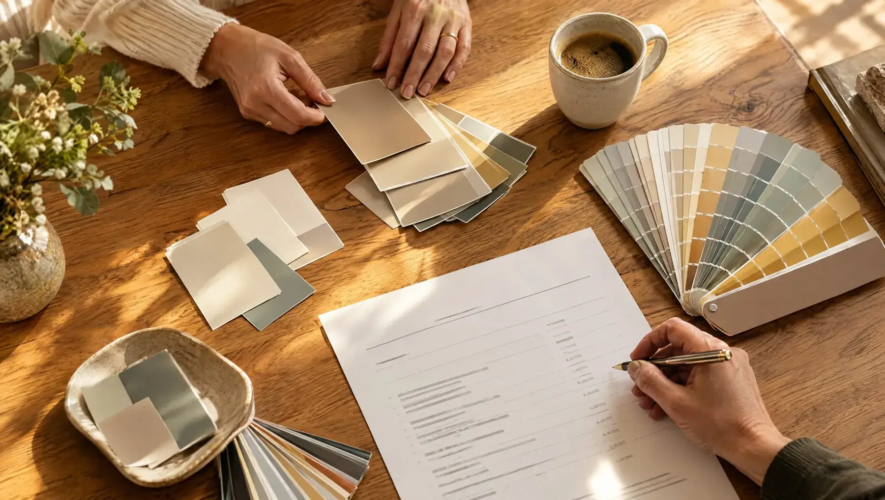 Adviesgesprek aan tafel met kleurstalen, verfwaaiers en een offerte