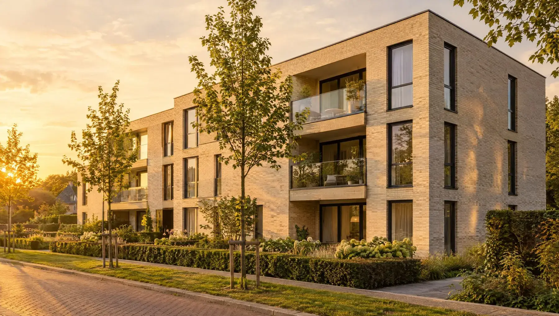 Modern appartementsgebouw in de Kempen bij avondlicht