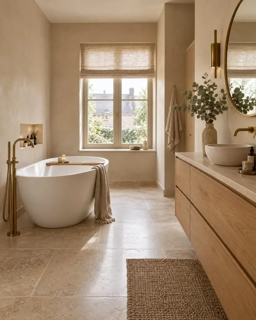 Badkamer met vrijstaand bad en warme natuursteen