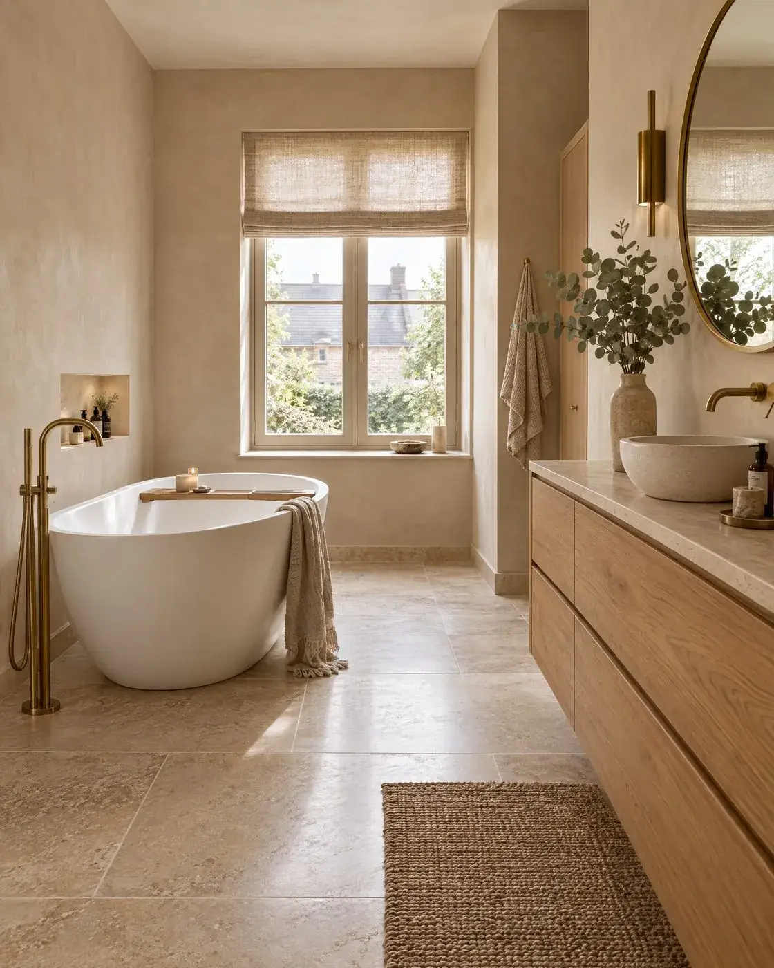 Badkamer met vrijstaand bad en warme natuursteen
