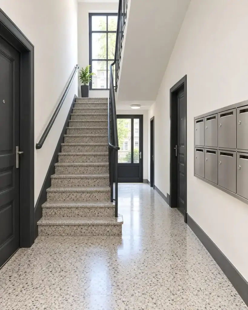 Fris geschilderde inkomhal van een appartementsgebouw