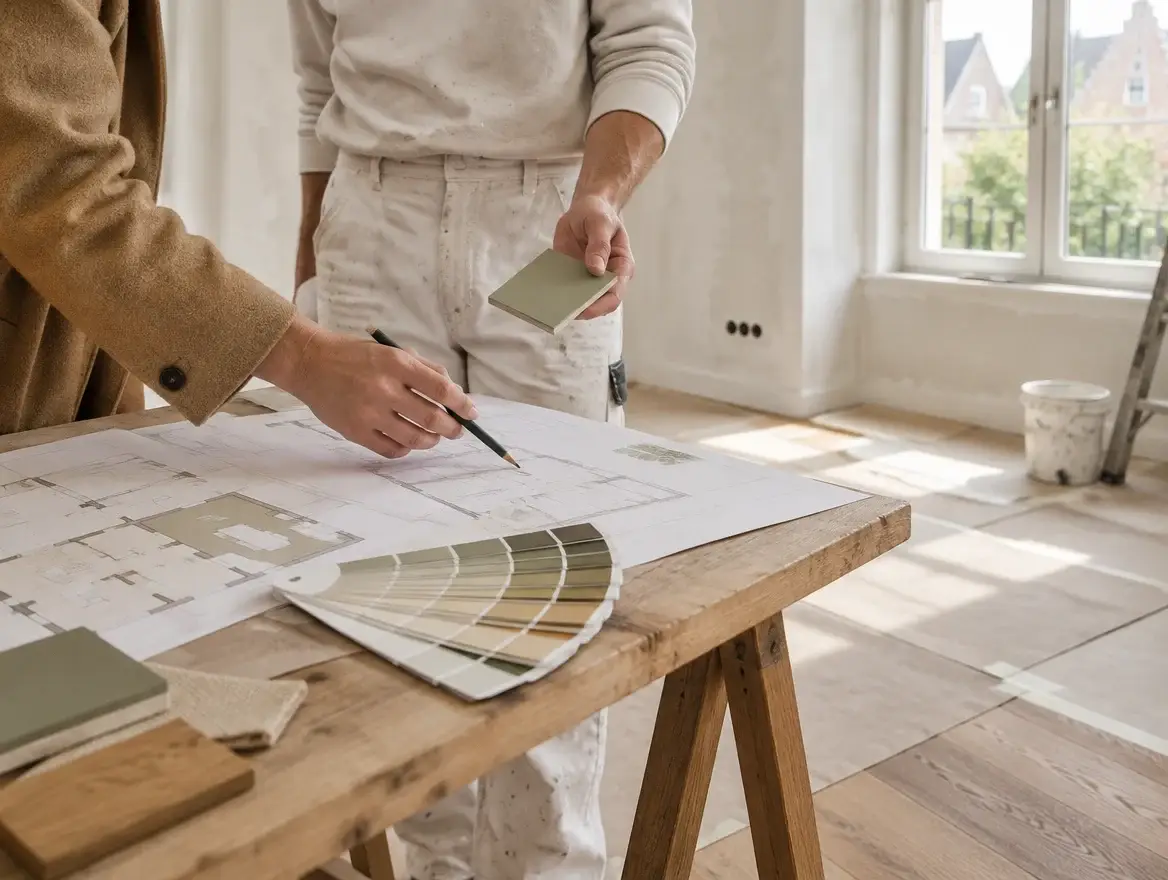 Interieurarchitect en schilder overlopen plannen en kleurstalen op een renovatiewerf