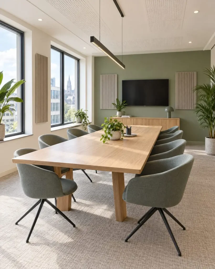 Vergaderzaal met salie-groene accentmuur