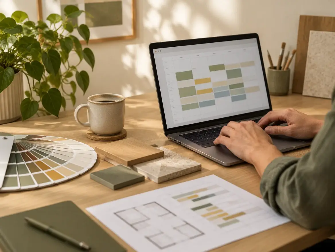 Bureau met laptop, weekplanning, kleurwaaier en materiaalstalen op het kantoor