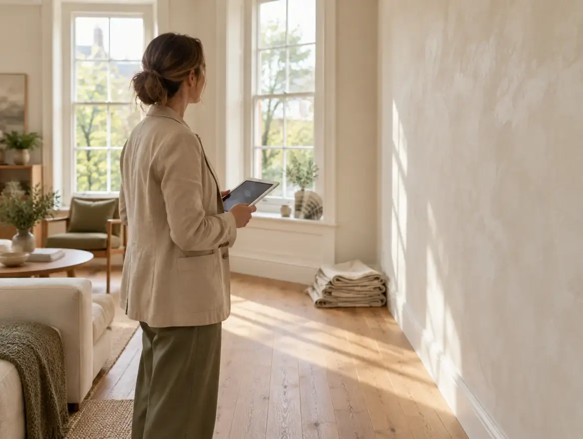 Projectleider controleert met een tablet een afgewerkte kalkverfmuur in een gerenoveerde woonkamer