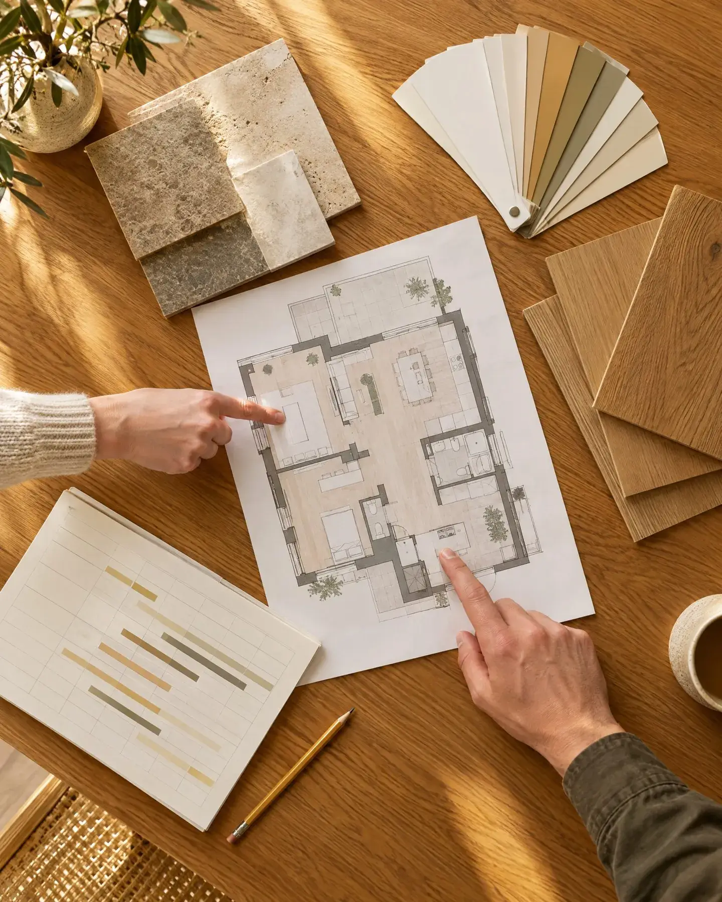 Renovatieplan met planning, tegelstalen, vloerstalen en kleurwaaier op tafel