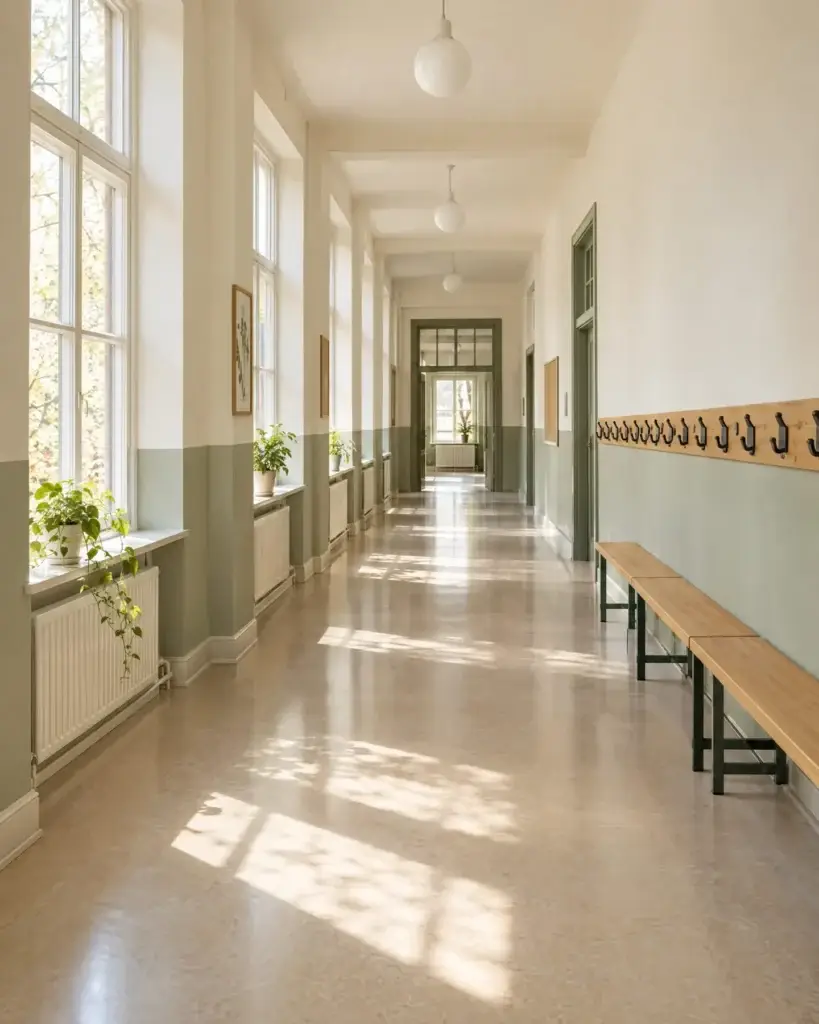 Lichte schoolgang, fris geschilderd met een zachte accentkleur