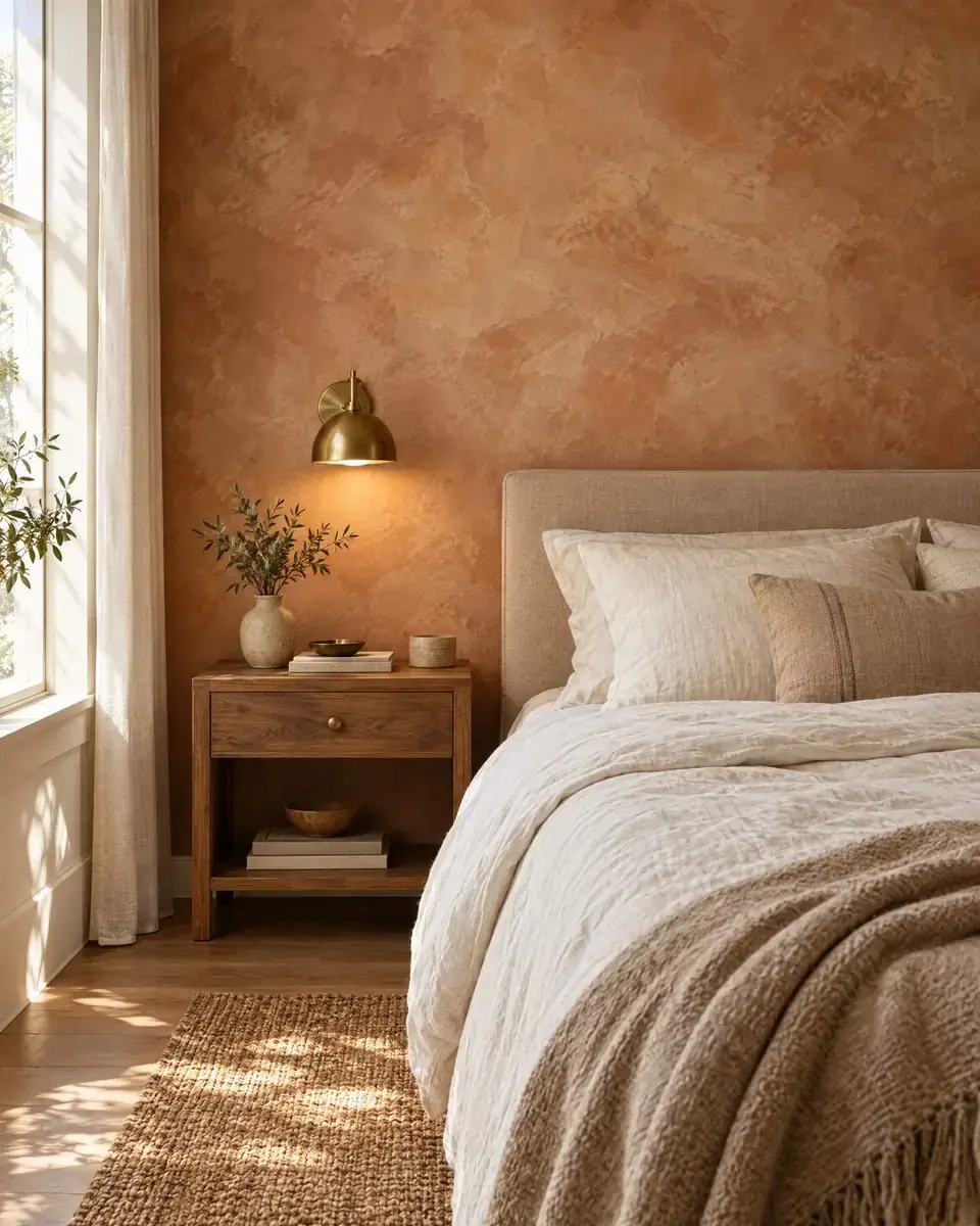 Slaapkamer met terracotta kalkverfmuur