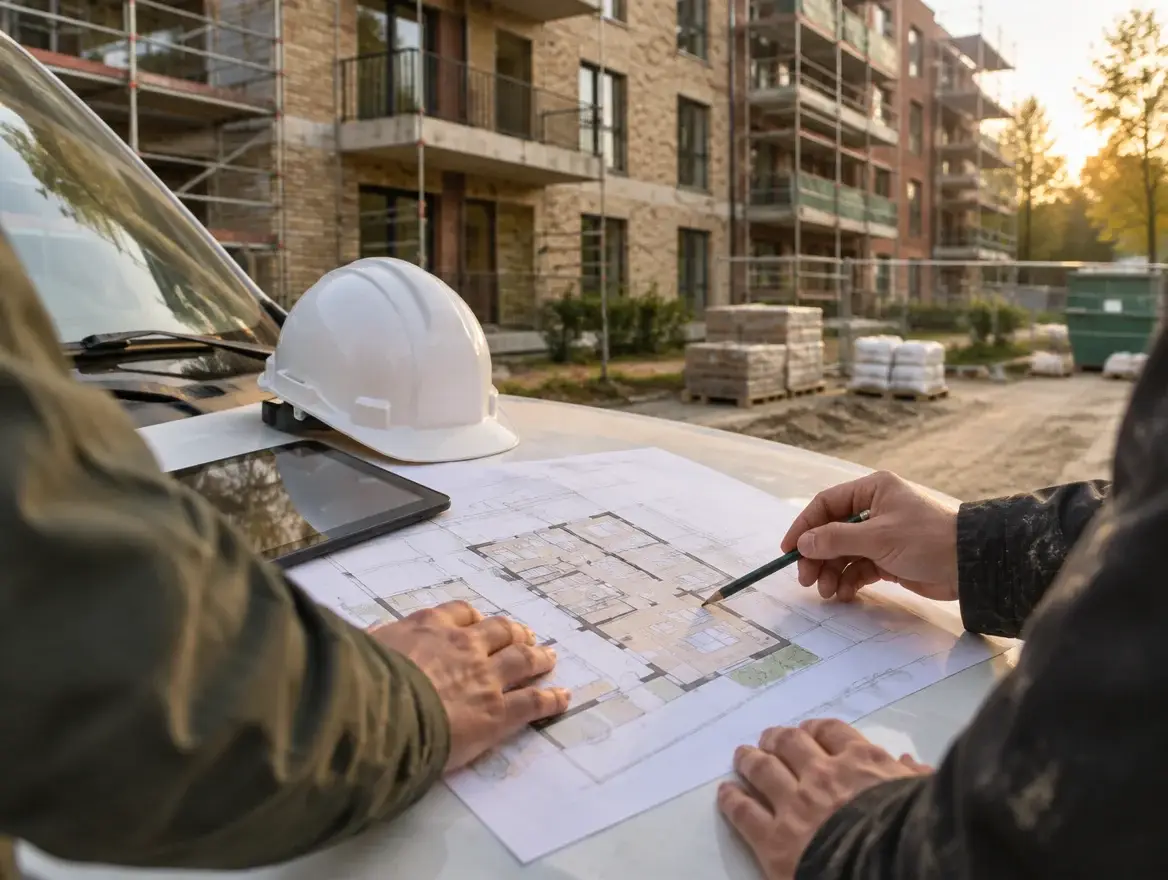 Werfoverleg met bouwplan, helm en tablet voor een appartementsgebouw in renovatie